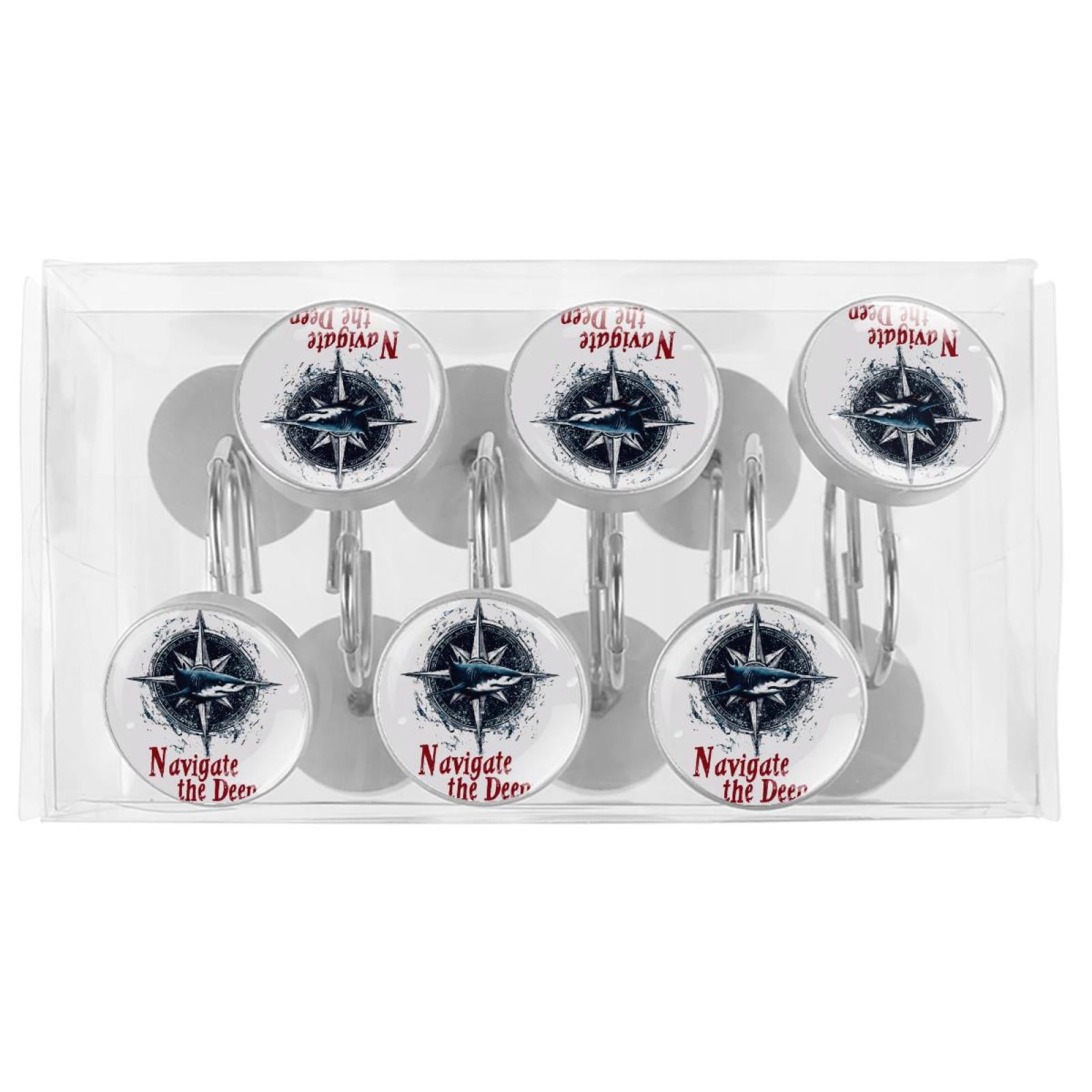 12pcs Decorative Shower Curtain Hooks, Rust Resistant Shower Rings for Bathroom Living Room,Rustproof Stainless Steel Rings for Shower Curtain and Liner Rods,Navigate Shark