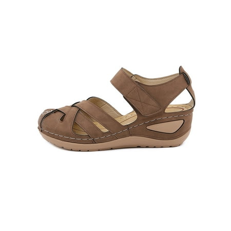 

Daeful Ladies Sandals Magic Tape Wedge Sandal Closed Toe Shoes Summer Soft Non Slip Criss Cross Wedges Brown 8