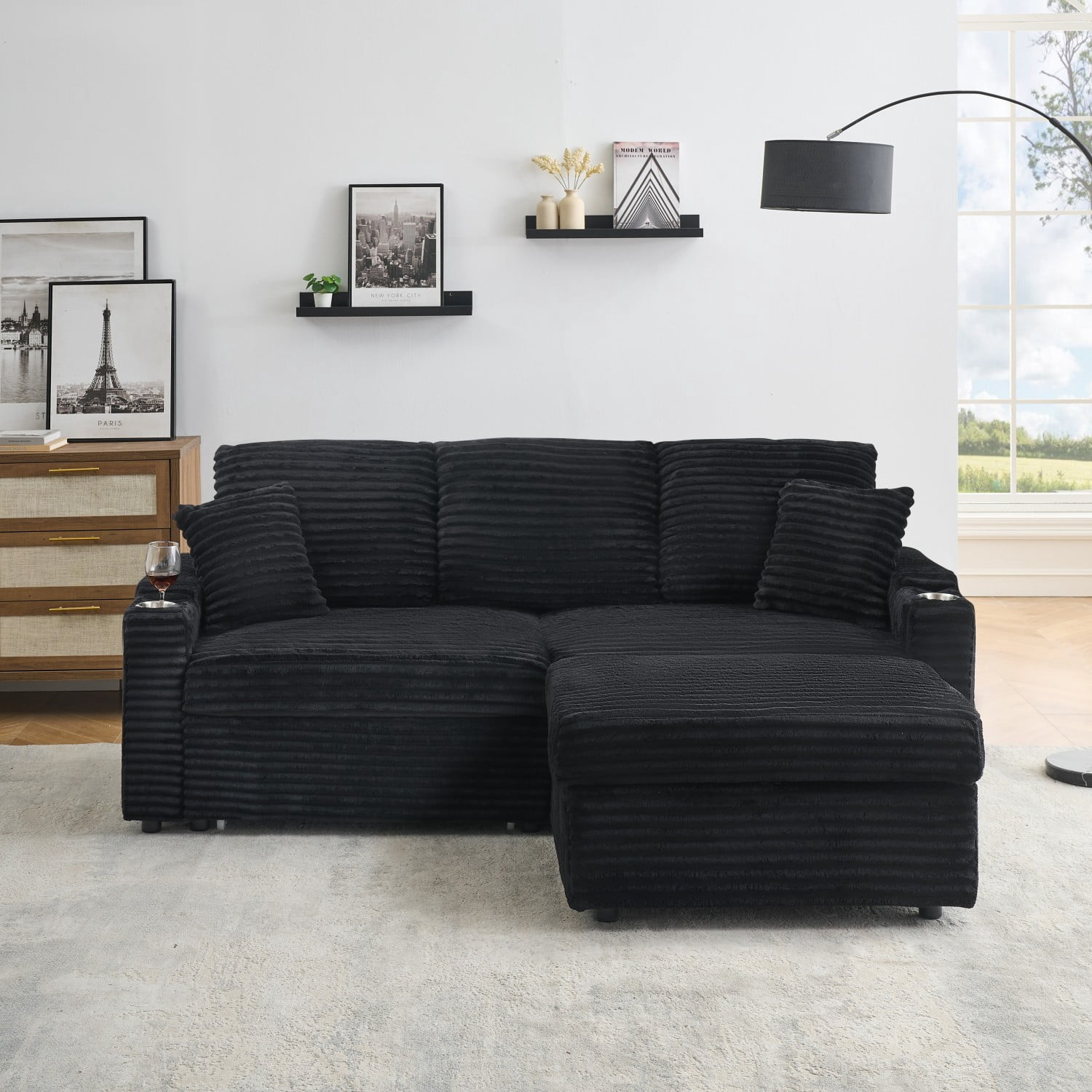 Leumius Modern Sleeper Sofa with Pull-Out Bed,Corduroy Multi-Function Sofa with Hidden Reclining,Cup Holders and Removable Footstool for Living Room,Black