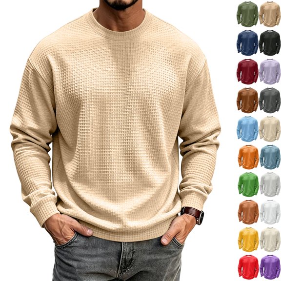 Men's Waffle Thermal Shirts Textured Underwear Tops, Lightweight Pullover Sweaters, Long Sleeve, Crew Neck Khaki XL