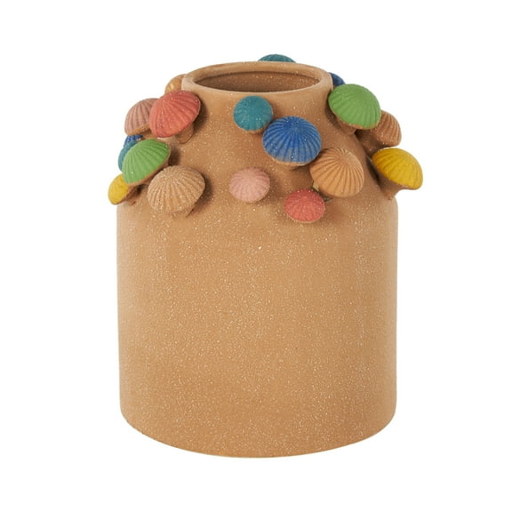 DecMode 10" Mushroom Round Wide Brown Ceramic Vase with Multicolor Accents and White Speckles