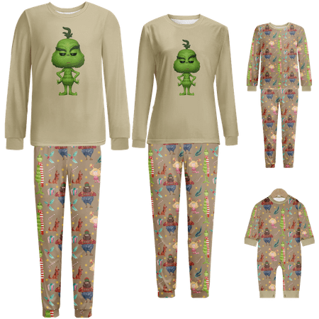 

Holiday Family Matching Christmas Pajamas Set The Grinch Khaki Print Sizes for Adult-Kids-Baby-Pet 2-Piece Top and Pants Bodysuits Clothes Pajamas Set