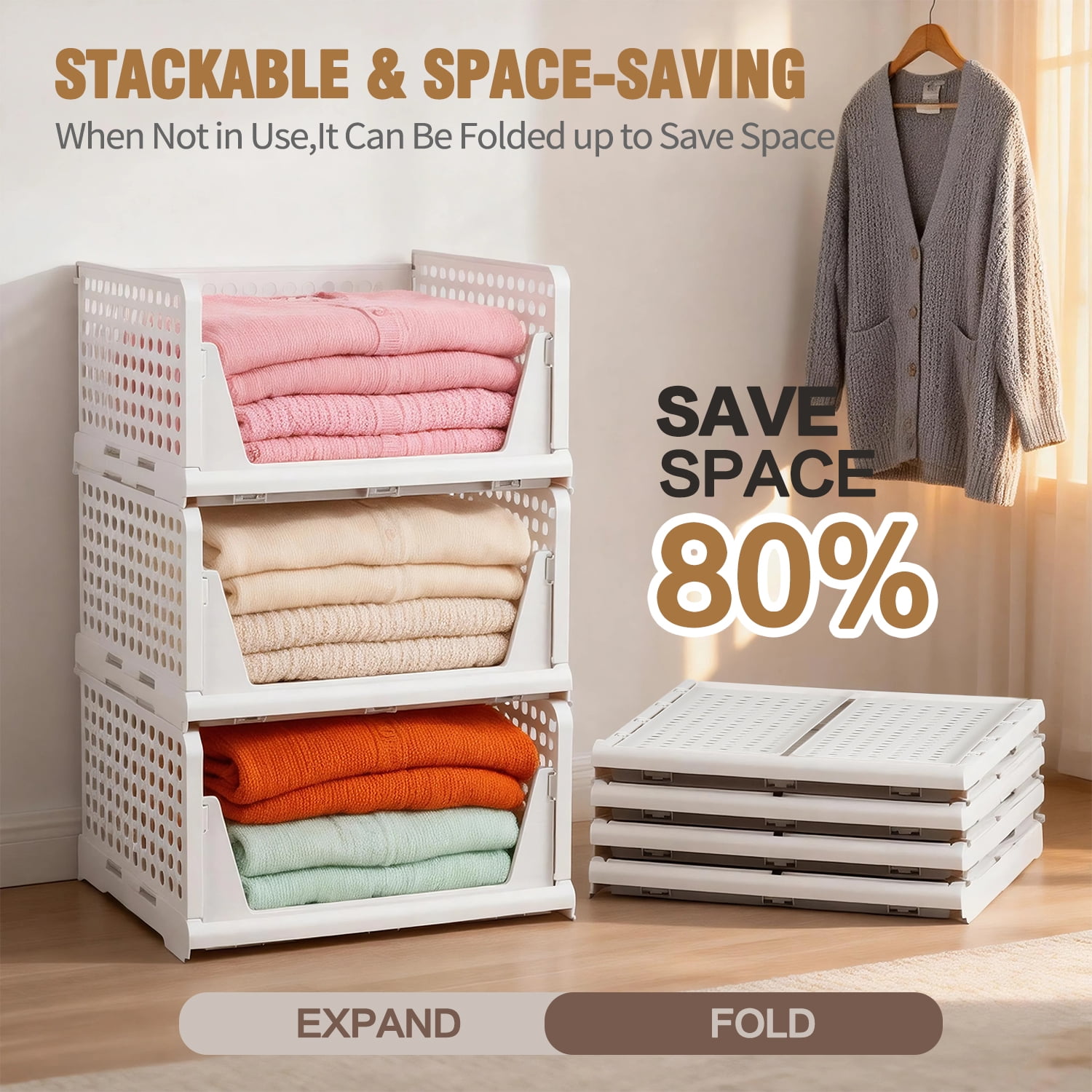 Taimasi 5 Pack Stackable Closet Storage Basket, Multifunctional Foldable Closet Organizer for Kitchen Bathroom Laundry Room Wardrobe Storage, Space-Saving Clothes Storage Drawer Organizer, White