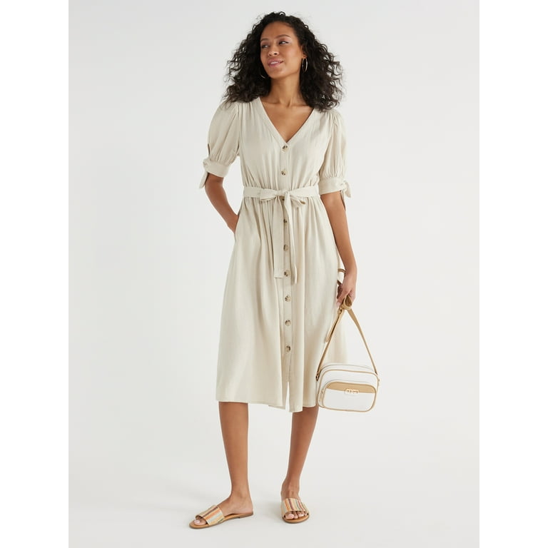 Time and Tru Women?s Tie Sleeve Linen Blend Midi Dress, Sizes XS