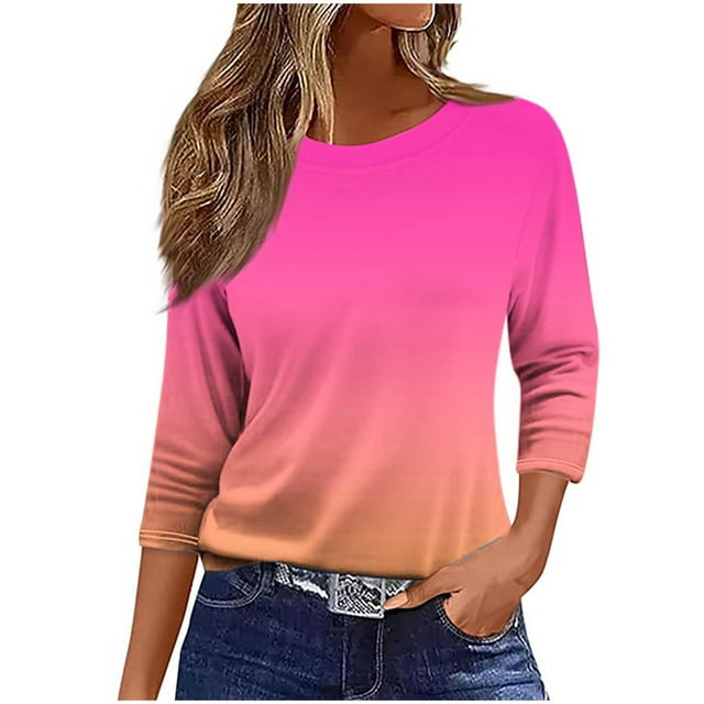SwiftWear Hauts d'Été pour Femmes Manches 3/4 Mode 2025 T-Shirts Amples Col Rond Dégradé Basiques