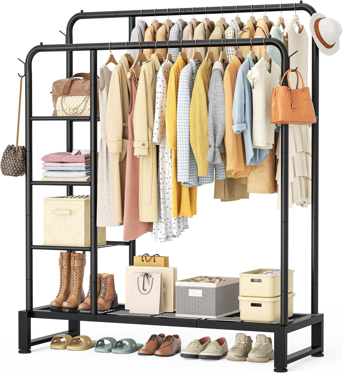 Double Rods Clothes Rack Clothing Rack with  Storage Shelves Clothes Rack for Hanging Clothes Multifunctional Heavy Duty Clothes Organizer with Hooks for Bedroom,Wardrobe Closet,Shop