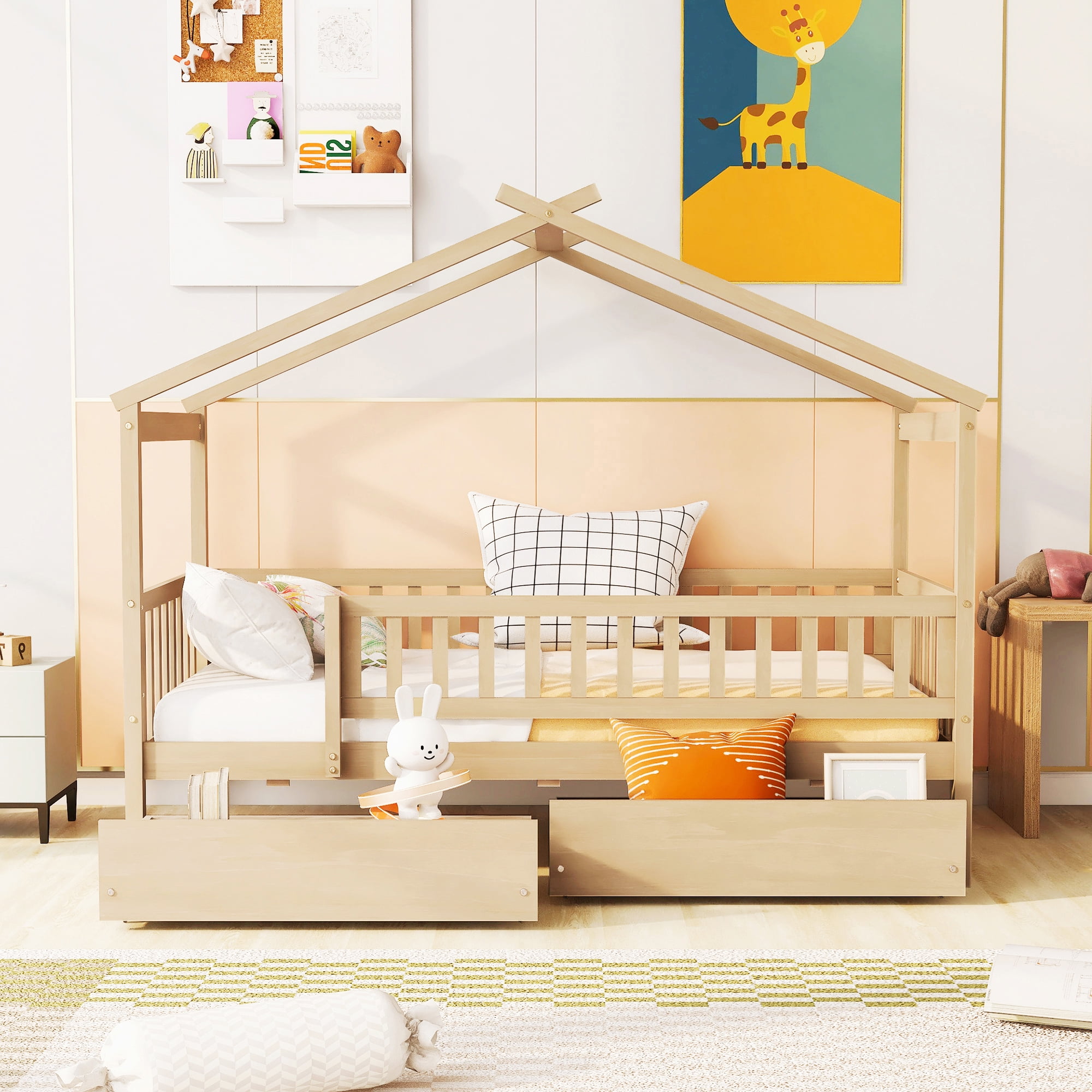 Harper & Bright Designs Twin House Bed with 2 Storage Drawers, Twin Bed Frame with Rails and Roof, Wooden Tent Montessori Bed for Girls & Boys, Natural