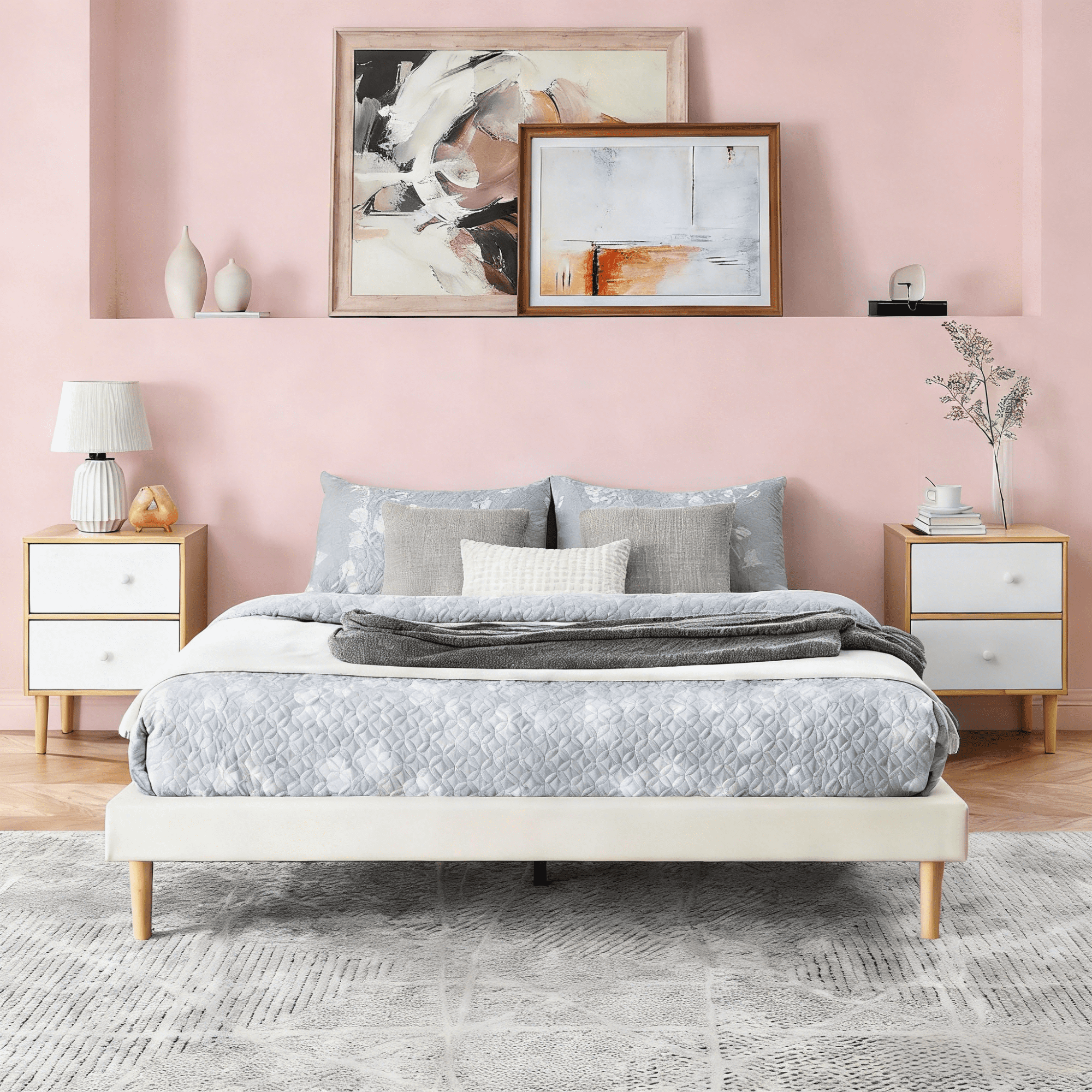 Gewnee Queen Size Faux Leather Platform Bed Frame,No Box Spring Needed,Solid Wood Center Support,White