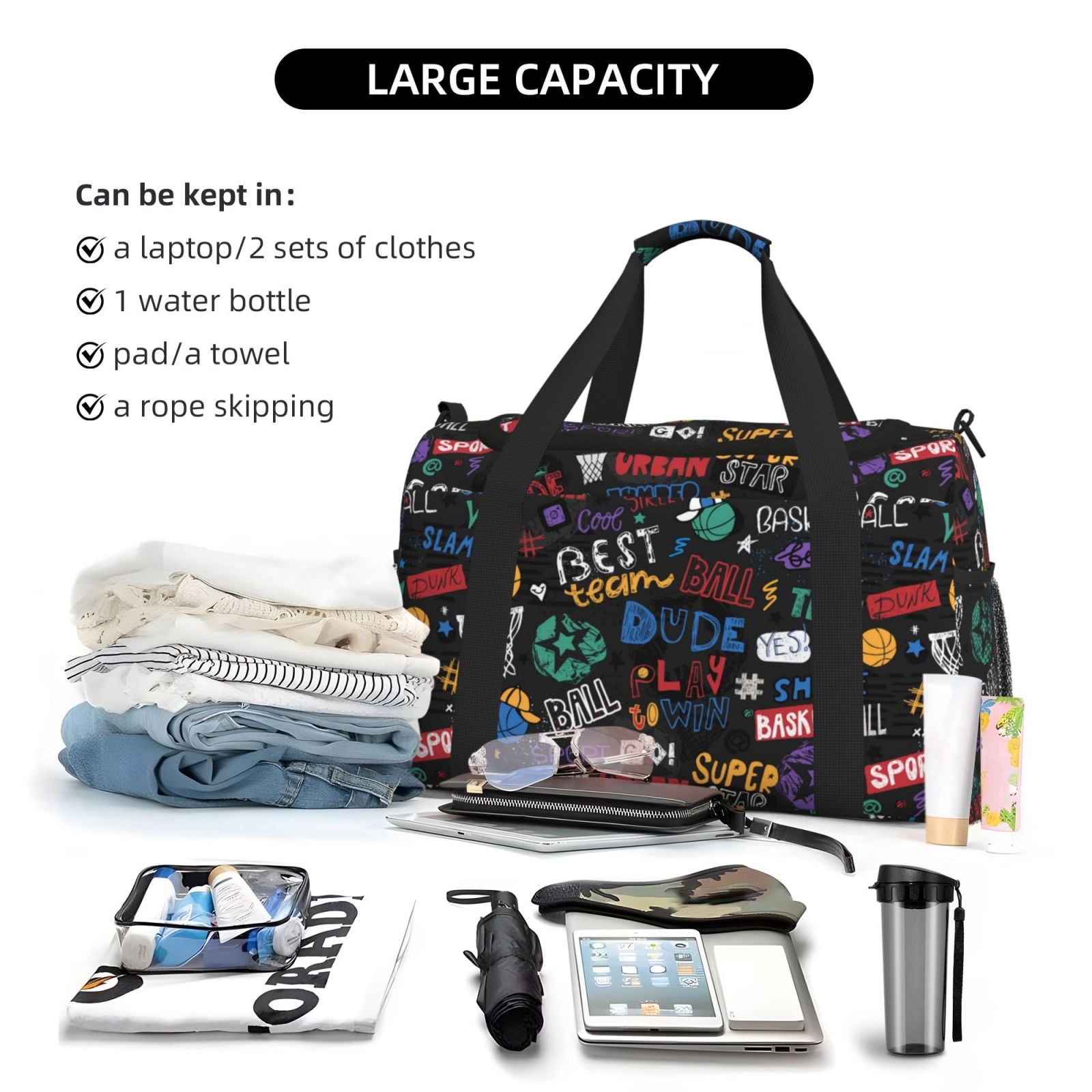Defioc Basketball Print Hand Travel Bag - Foldable Travel Duffel Bags for Men Women -Sport Gym Bag - Overnight Travel Duffel Bag - Adjustable Shoulder Strap