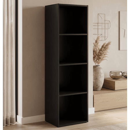4-Tier Modern Bookshelf Wooden Open Shelf Bookcase with Protective Side Panels Free Standing Storage Organizer and Display Accent Rack for Living Room Home Office Bedroom Black