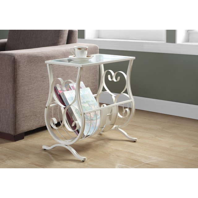 Mesa decorativa Monarch Specialties metal blanco antiguo con vidrio templado I 3312
