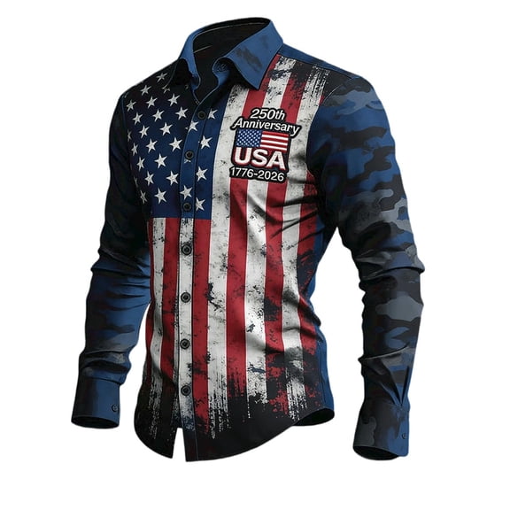 USA 250Th Anniversary Shirt Men's Long Sleeve Button Down Shirt Stars and Stripes Print Turn Down Collar Casual Comfortable Stylish Versatile Fashion Top Daily Wear Dark Blue L