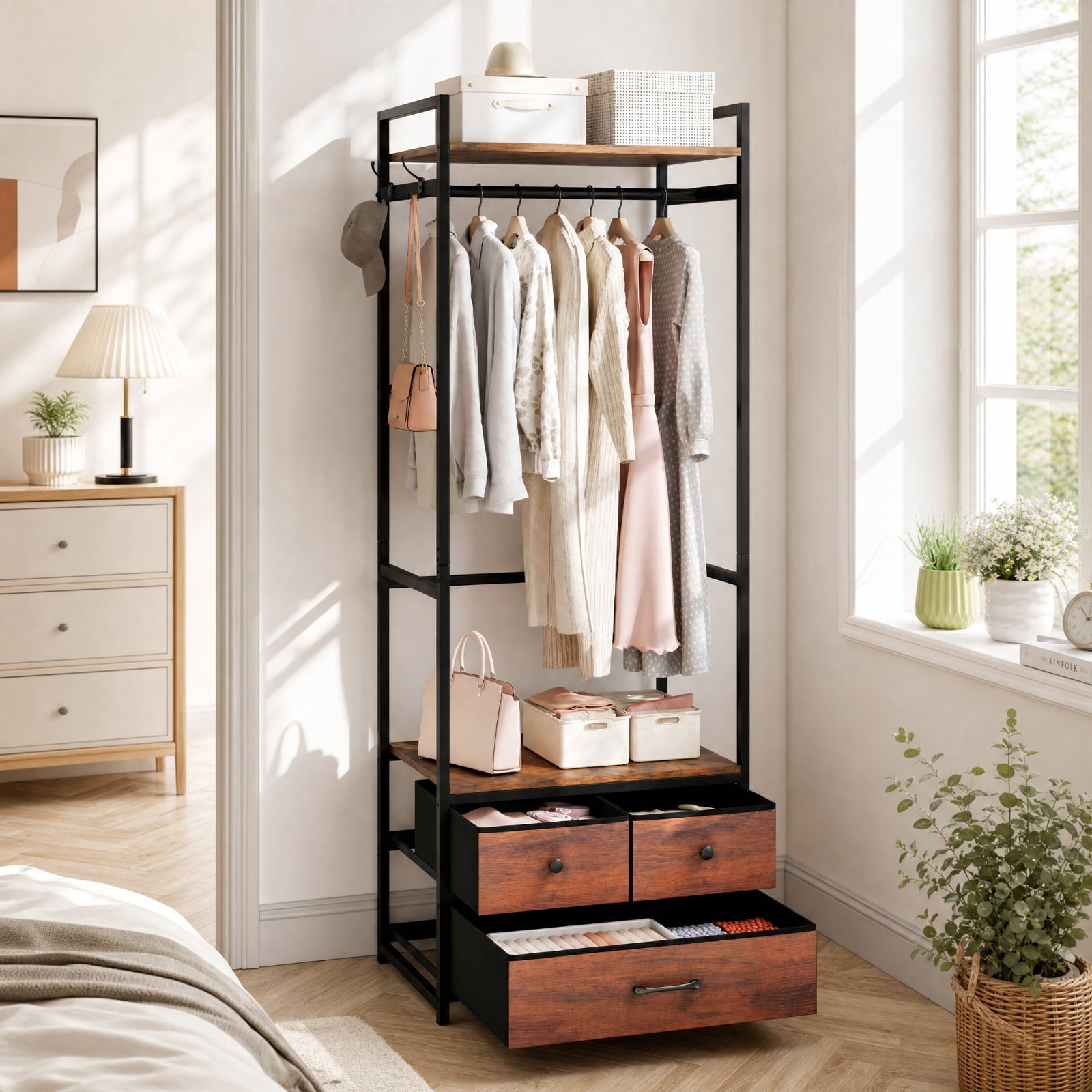 Furnibear Heavy Duty Metal Clothes Rack with 3 Fabric Drawers Top Shelf Hanging Rod and Side Hooks Industrial Garment Rack for Bedroom, Rustic Brown