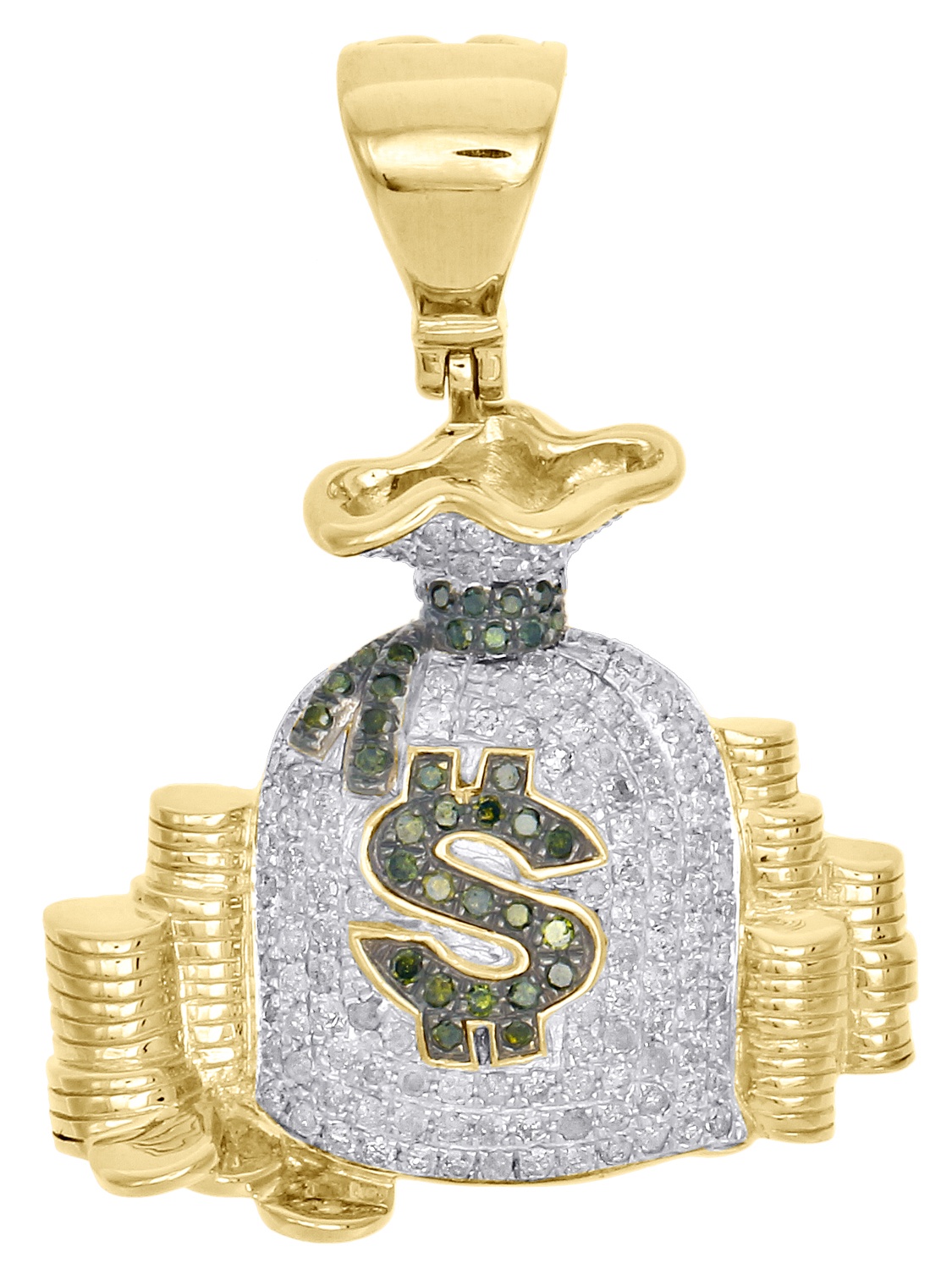 10K Yellow Gold Green Diamond Money Bag Stacked Coin Pendant 1.45