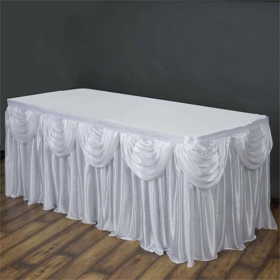 Efavormart White Satin Double Drape Table Skirt for Kitchen Dining Catering Wedding Birthday Party Decorations Events 14ft