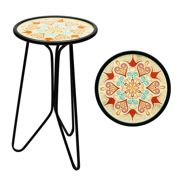 G128 12 in Round Glass Outdoor Side Table Orange Mandala Pattern | Decorative Plant Stand, Small End Table for Garden Patio Porch Living Room