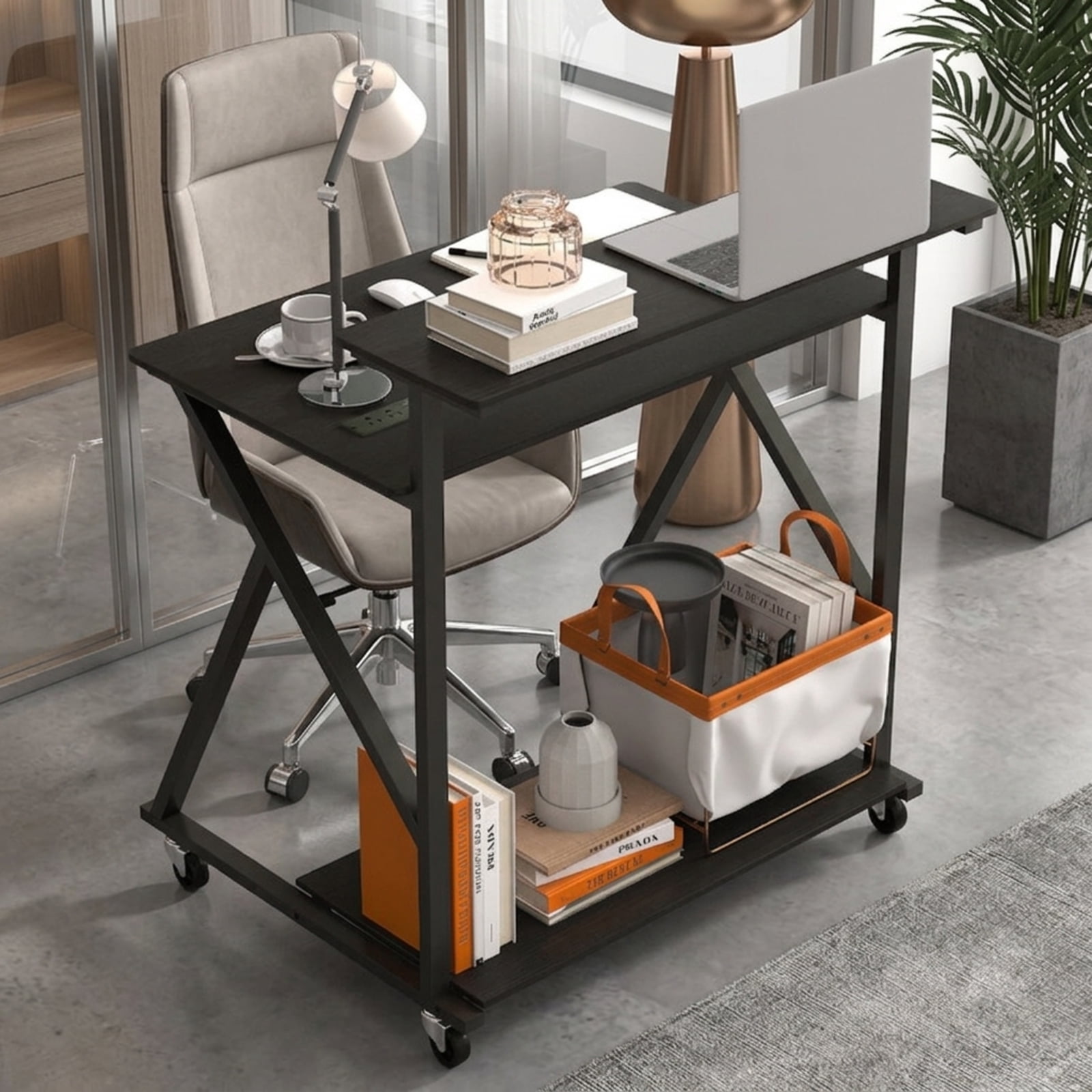 Furnibear 32 Inch Rolling Computer Desk for Small Spaces With Power Outlets and Monitor Shelf, Compact Home Office Desk on Wheels, Black