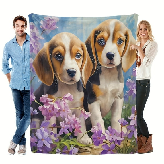 Warm Gift Two Beagles And Purple Flowers Cute Fun Print Flannel Blanket Soft Warm Cozy Blanket For Sofa Bed Car Camping Office Home Decor Gift Blanket For All Seasons