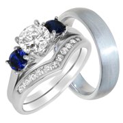 LaRaso & Co His Her Wedding Set Blue Sapphire CZ Couples Rings for Men Women 6/7