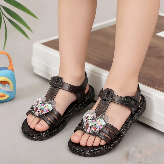 ITSAME Girls Jelly Sandals, Open Toe Heart Decoration Adjustable Strap Summer Fashion Comfortable Beach Sandals Black 13(Big Kids)