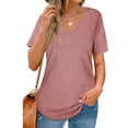thumbnail image 3 of Camiseta de mujer Color puro Pit Strip cuello en V manga corta Top señoras suelta camiseta Casual, 3 of 6