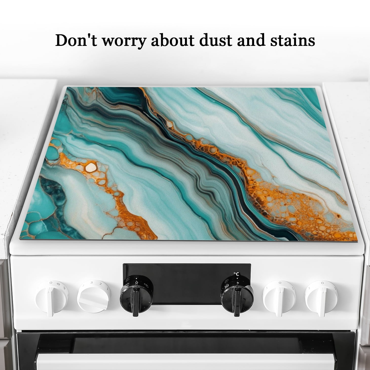 Cover for Gas Stove Top, Teal and Gold Marble Print Heat Resistant Stove Burner Covers, Glass Induction Cooktop Protector Mat for Kitchen RV (28×20 Inch)