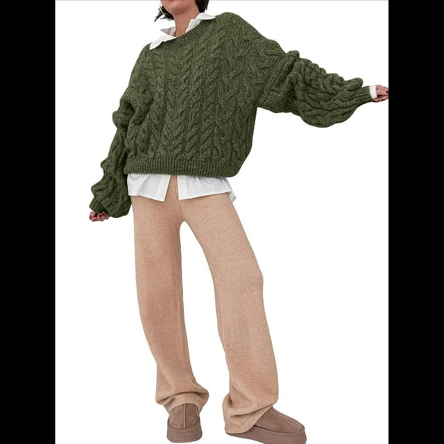Suéteres de Mujer de Otoño, de Punto , de Larga, Cuello Redondo, Suéteres Holgados y Gruesos. Verde S