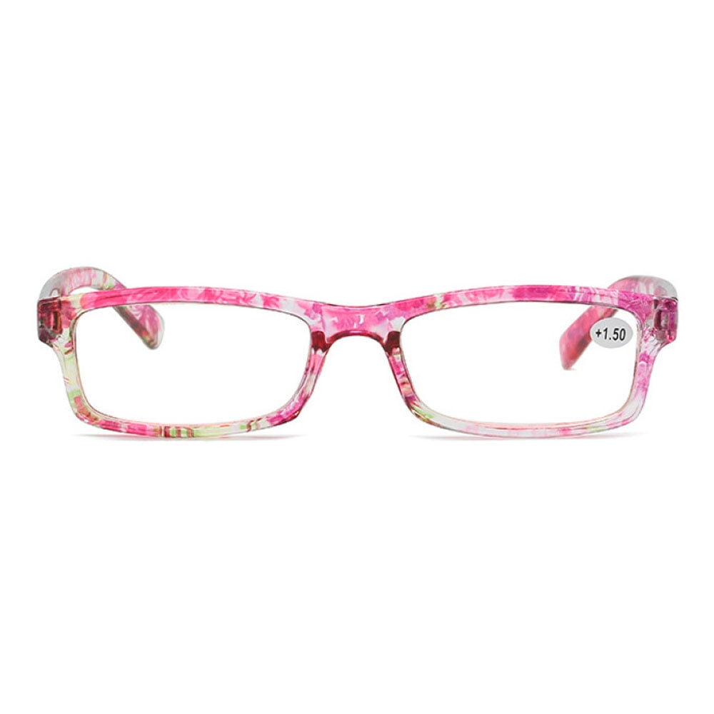 4 Pairs of Women's Pink Floral Small Rectangle Reading Glasses 3.00 Men's Classic Presbyopic Glasses, HD Plastic Blue Light Blocking Readers +3.00