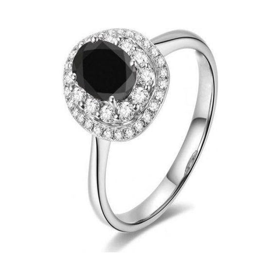 Antique Double Halo 1.50 Carat Black Diamond Engagement Ring in 14k White Gold