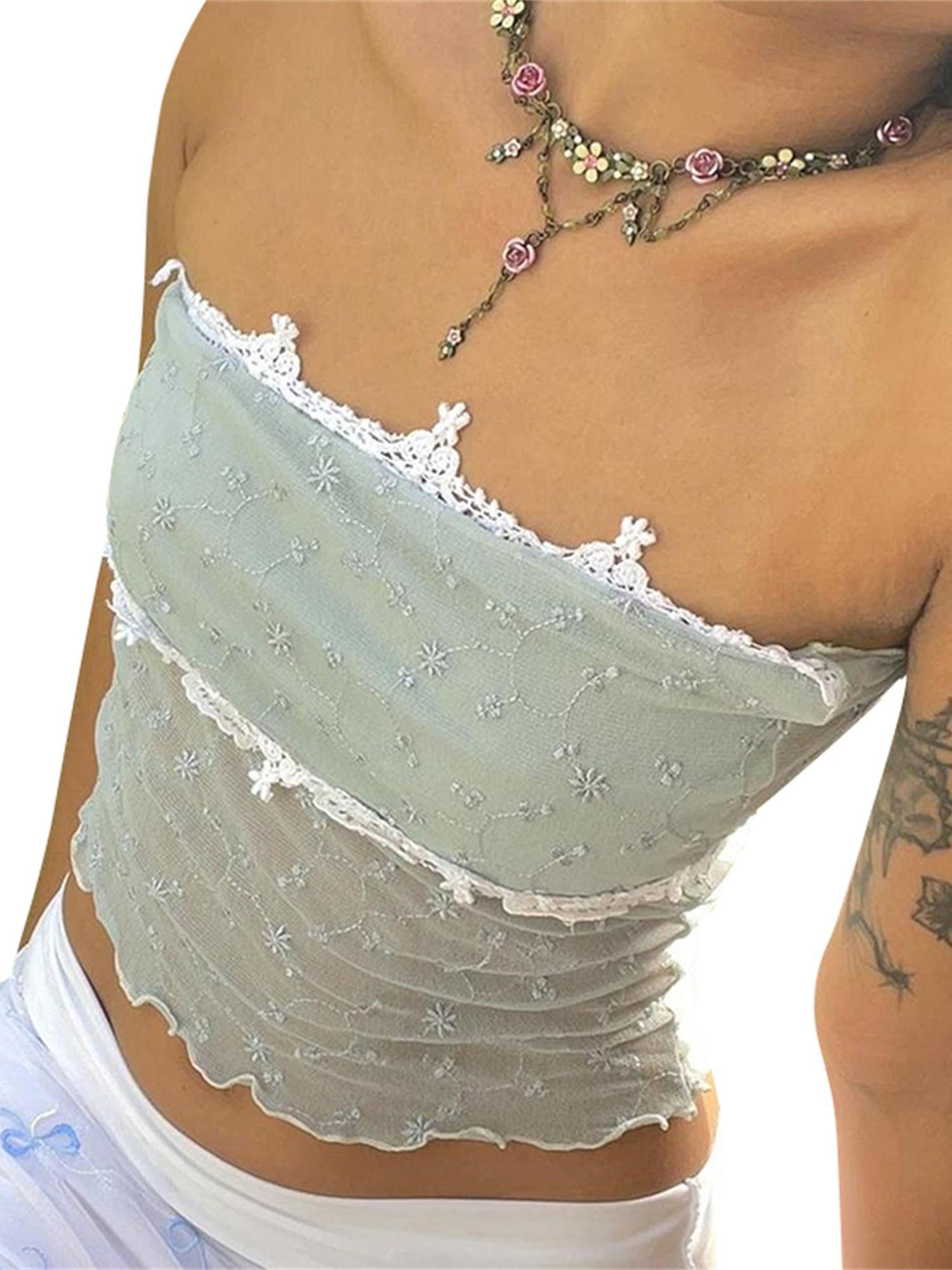 Y2K Women's Mesh Sheer Tube Tops Summer Ladies Strapless Floral Embroidery Lace Patchwork