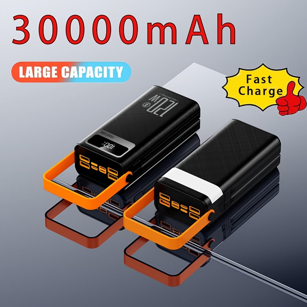 30000mAh 120W Fast Charging Power Bank with Built-in Cables & LED Light - Portable Charger for Phone, Camping, Outdoor Emergency Battery Pack