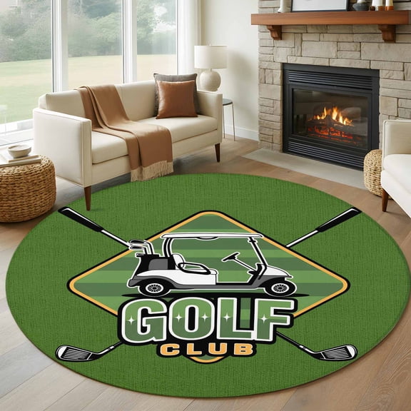 Round Area Rug 7 Ft, Golf Club Green Washable Non-Slip Circle Carpet for Living Room/Bedroom, Abstract Vintage Golf Sports Low-Profile Large Runner Mat Collection Rugs for Indoor