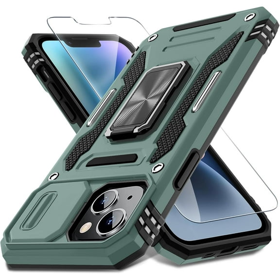 for iPhone 14 Plus Case with Slide Camera Cover Screen Protector(1 Pack), Rotated Ring Kickstand Military Grade Shockproof Protective Cover 6.7 Inch-Green