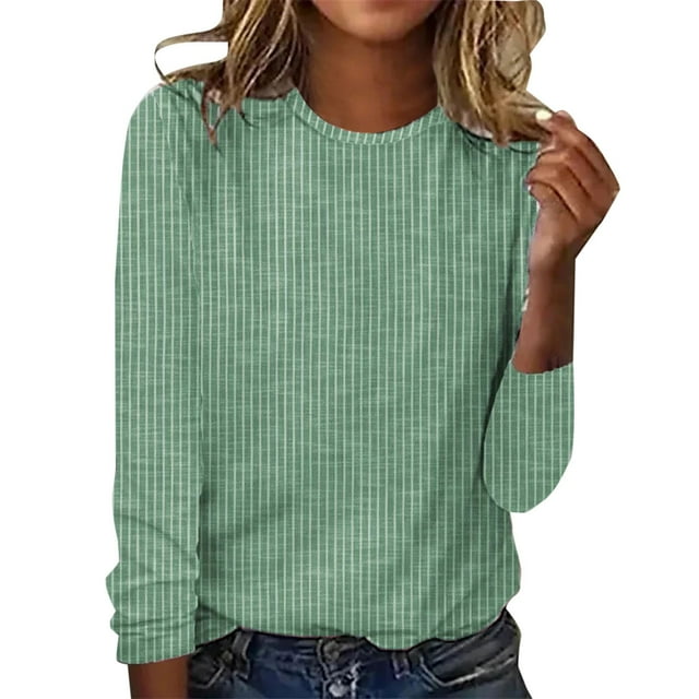 WTXUE T-Shirts Manches Longues, Col Rond pour Femmes Automne Hiver T-Shirt Rayé Décontracté Vert/rayé m