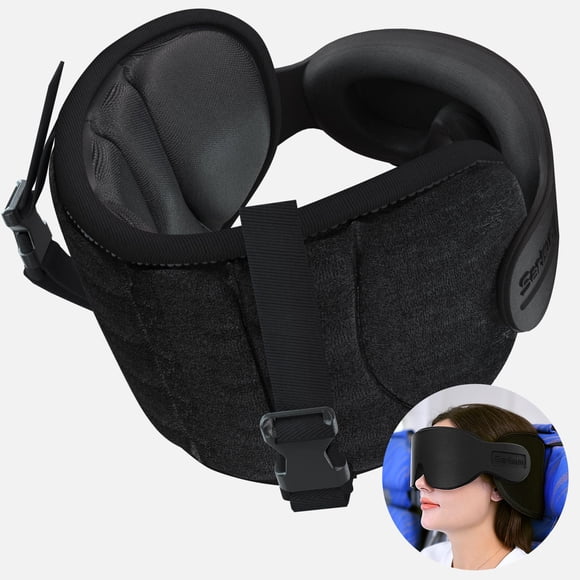 Almohada de viaje SARISUN para aviones con máscara de ojos negra