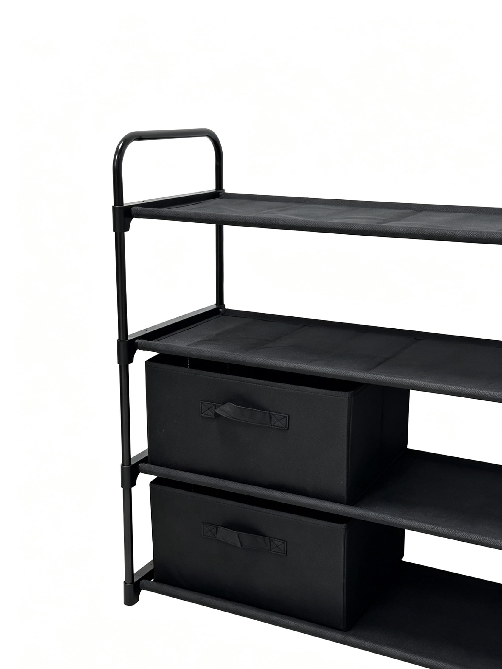 Mainstays 4 Shelf Closet Storage Organizer for Clothes with 2 Fabric Bins, Black, Metal Frame