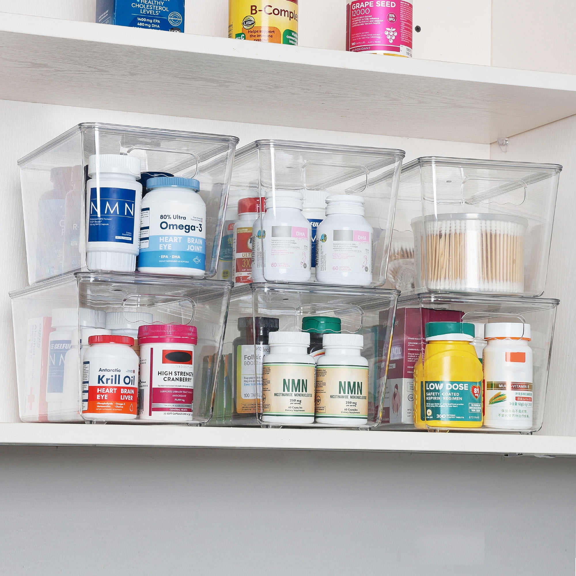 Sindcom 6 Pack Clear Plastic Storage Bins with Lids, Pantry Organizer, for Cabinet, Kitchen, Medium
