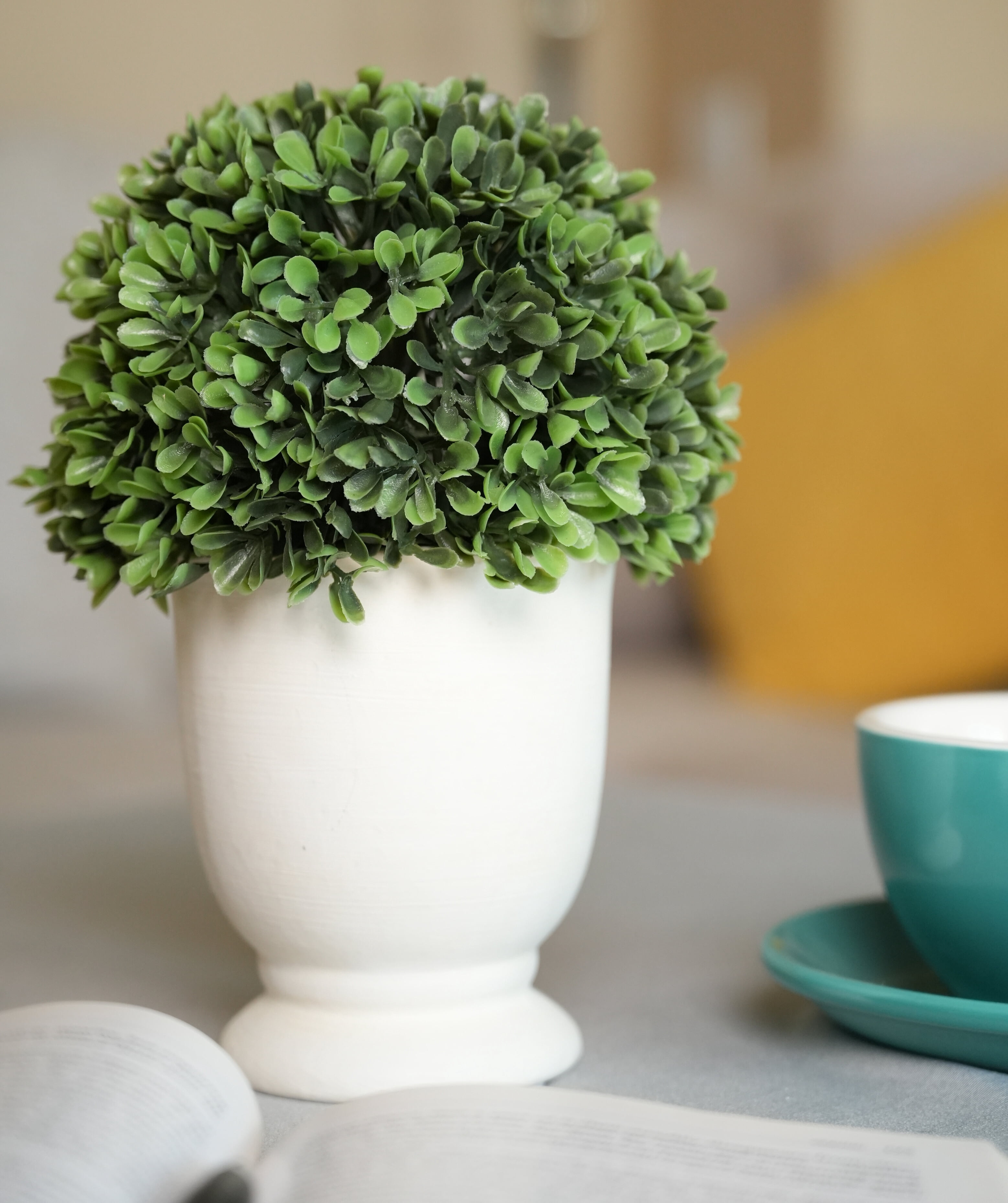 Better Homes & Gardens 9” Artificial Boxwood Tree in White Ceramic Pot for Tabletops- 1 lbs