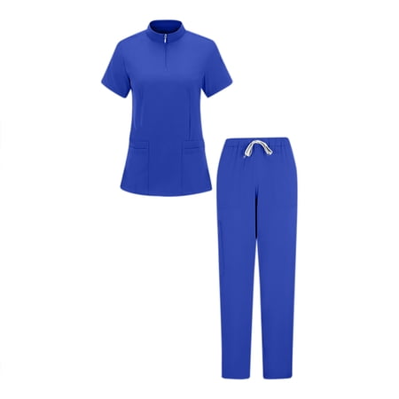 successthop Scrub Sets for Women Short Sleeve Quarter Zip Collar Solid Top and Drawstring Trousers with Pockets Blue S