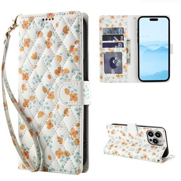 Wallet Case for iPhone 16 with Credit Card Holder, Wrist Strap, Cute Floral Flower Pattern PU Leather Stand Flip Case, Magnetic Clasp Shockproof Cover for for iPhone 16, Pattern-C