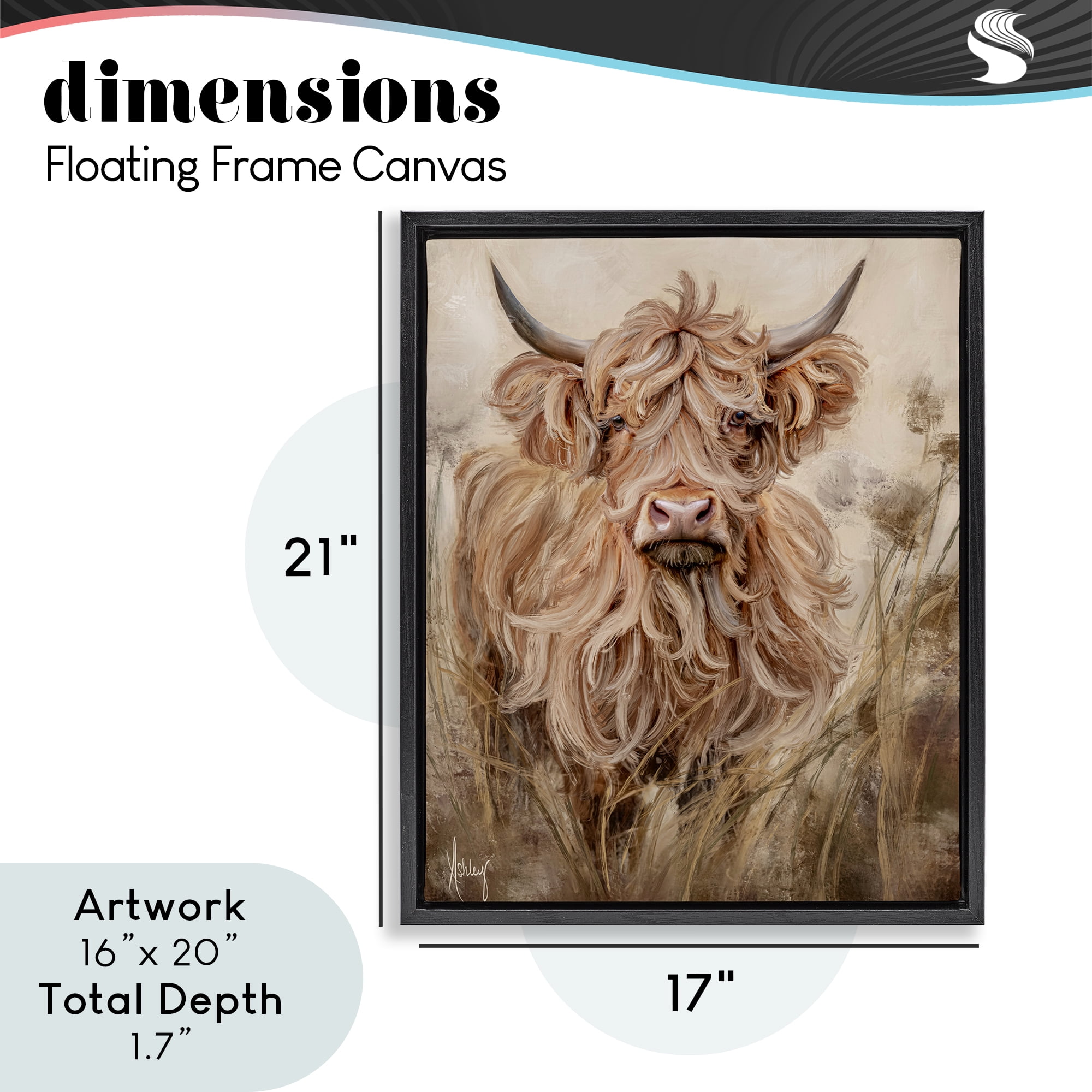 Curly Haired Highland Cattle Black Framed Floater Canvas Wall Art, design by Ashley Bradley