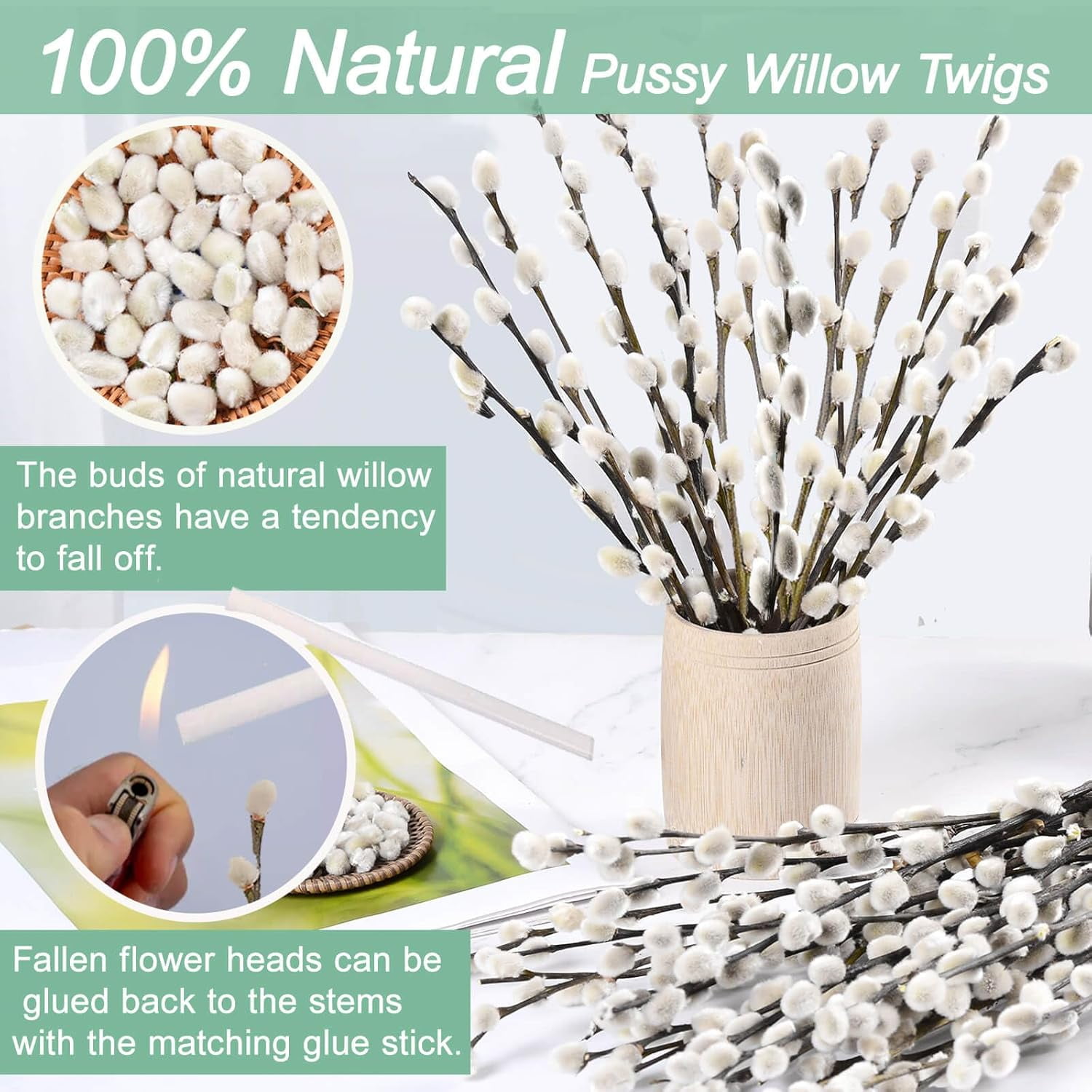 GIXUSIL Dried Pussy Willow Branches,15.8In Snow Willow Branches for Home Decor,Durable Dried Flowers for Indoor and Outdoor Decorations