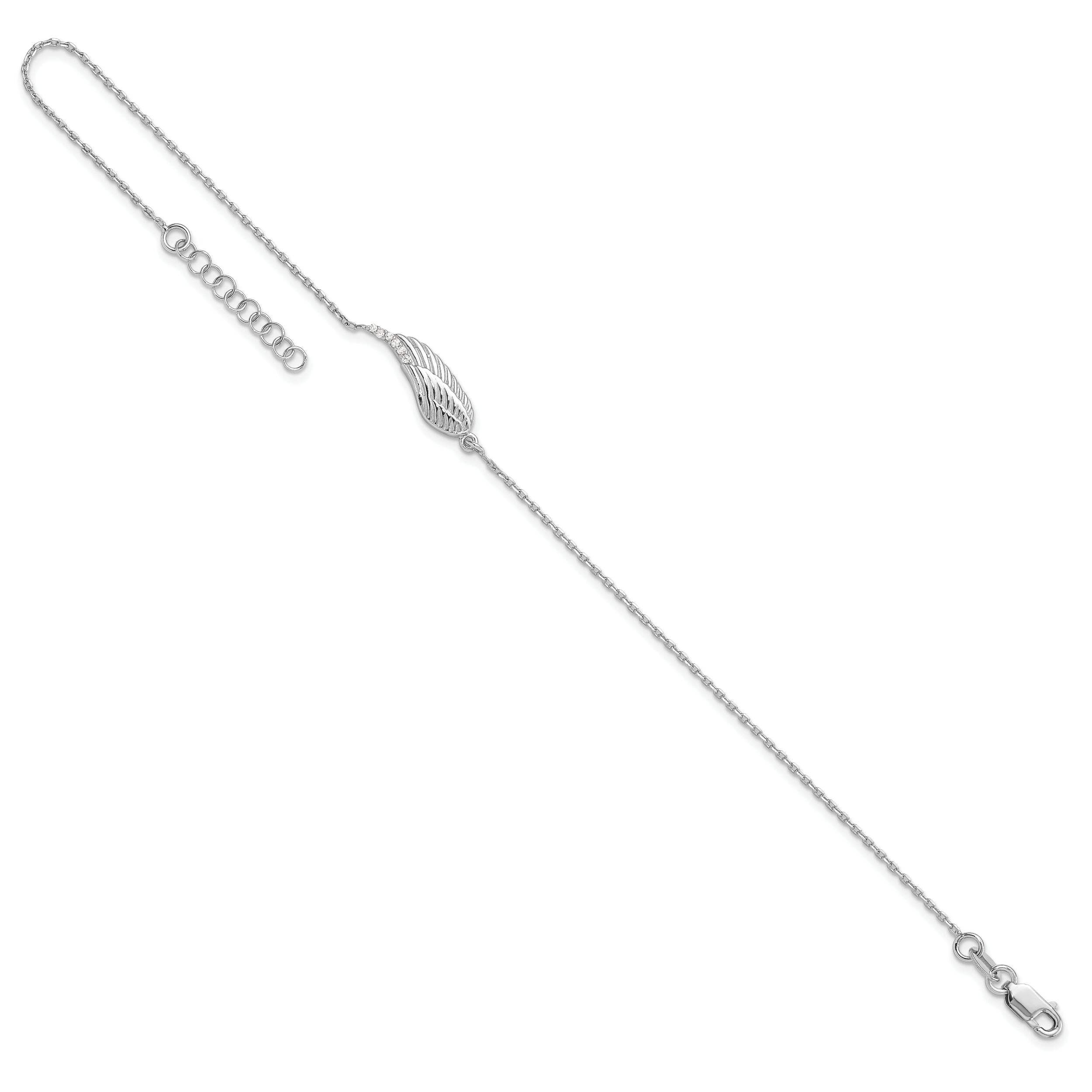 Sterling Silver Rhodium-Plated CZ Angel Wing 9in. Plus 1in. Extension Anklet
