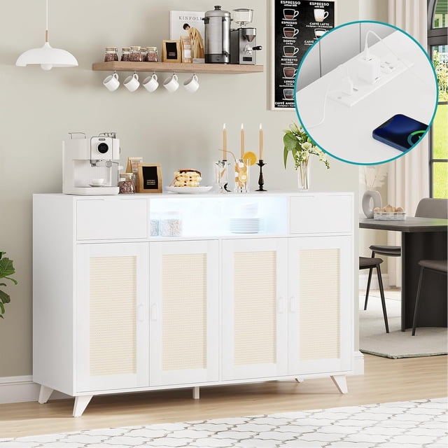 Eastvita Rattan Sideboard Buffet Cabinet with 2 Drawers for Storage - Boho Style (White)