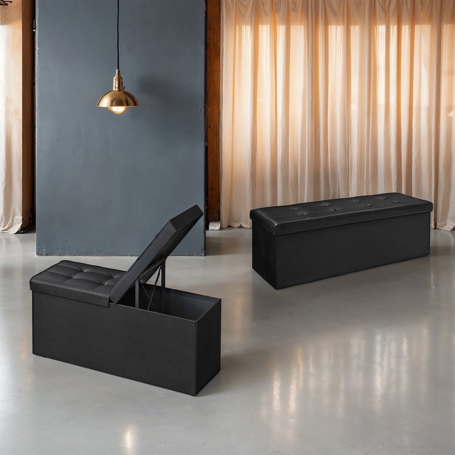 Ledrem Folding Storage Ottoman Bench 43 in, Black photo 5