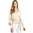 thumbnail image 4 of Love Tree Women's Juniors Ribbed Long Sleeve Surplice Knot Top (Cream, M), 4 of 4