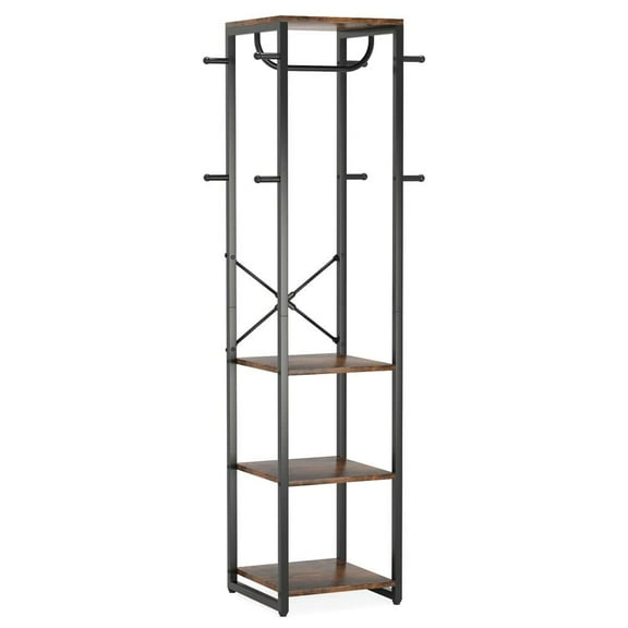 Yardi Yarda Freestanding Coat Rack, Industrial Coat Rack, Corner Hall Tree with 4 Shelves 8 Hooks, Brown