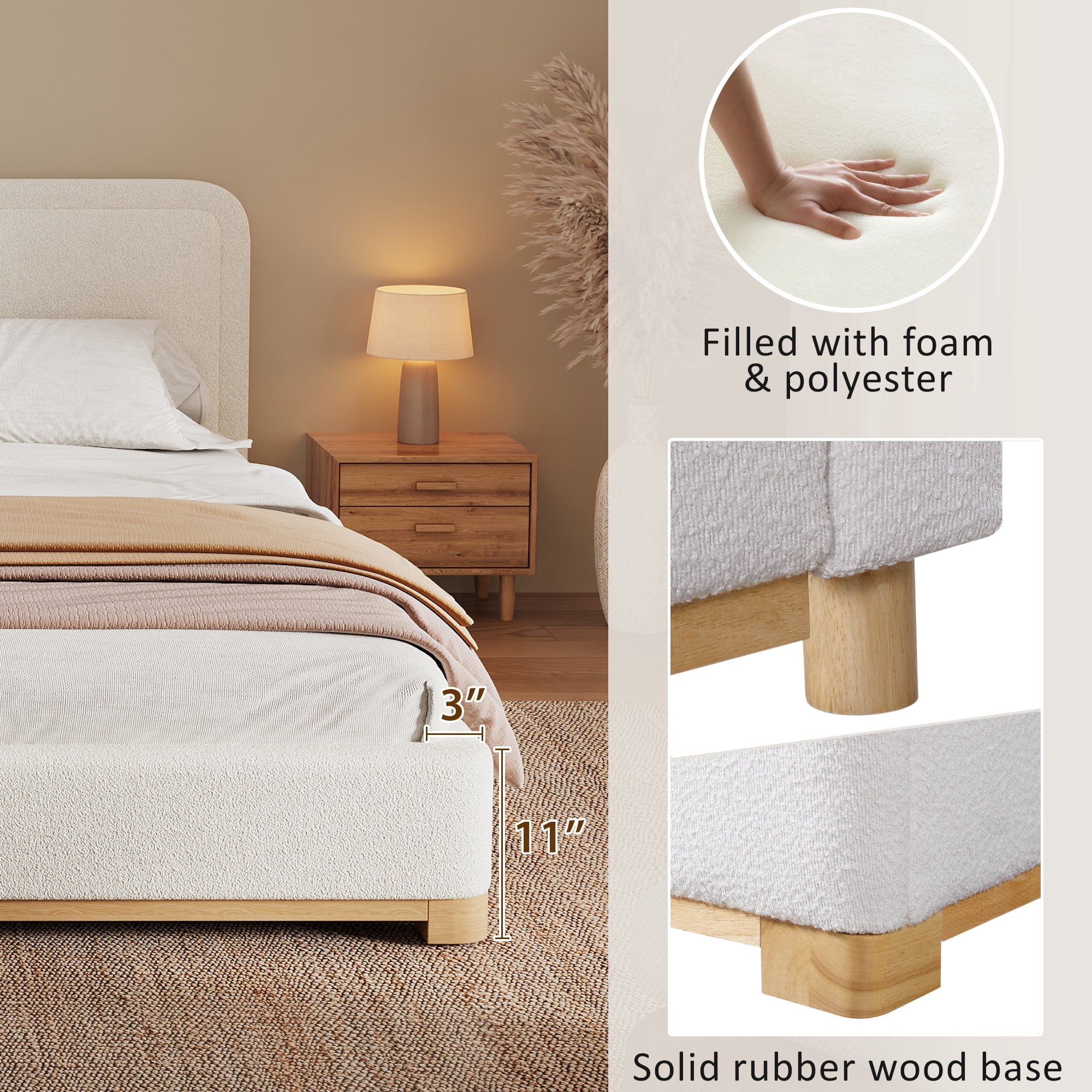 King Size Bed Frame with Boucle Upholstered Curved Headboard & Solid Wood Base, Platform Bed for Bedroom, White