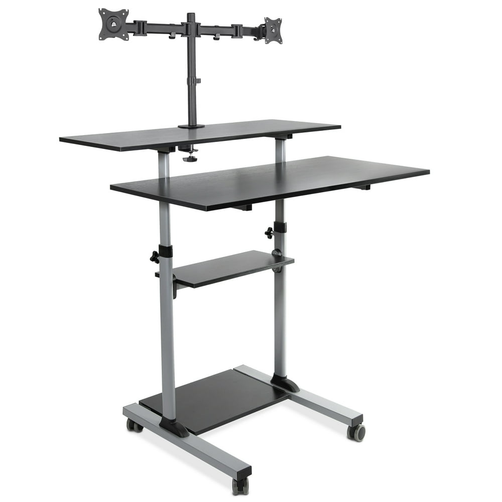 MountIt! Mobile Standing Desk with Dual Monitor Mount 40 Inch Wide Height Adjustable Silver