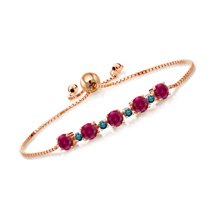 Gem Stone King 5.26 Ct Round Red Created Ruby Blue Diamond 18K Rose Gold Plated Silver Tennis Bracelet for Women